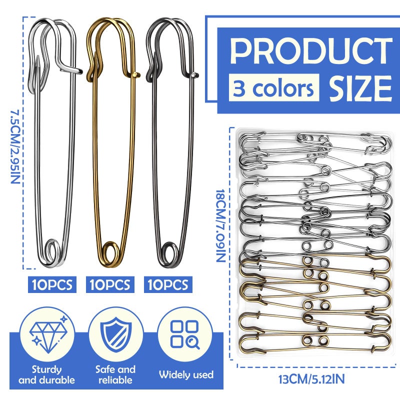 Ftyiwu Large Safety Pins, 30 Pack Heavy Duty Safety Pins 3 Inch, Stainless Steel Safety Pin for Clothes, Blankets, Laundry, Leather Canvas, DIY Crafts (Gun Black, Silver, Bronze) - Image 2