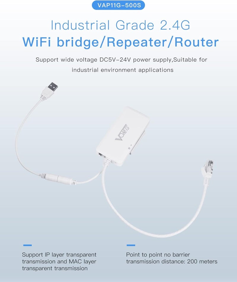Vonets 2.4GHz WiFi Router/Wireless Bridge Ethernet Repeater/WiFi Hotspot Extender/Signal Range Coverage, 2 RJ45 Ports for Network Printer, IP Camera, Industrial PLC, IoT Network Devices VAP11G-500S - Image 1