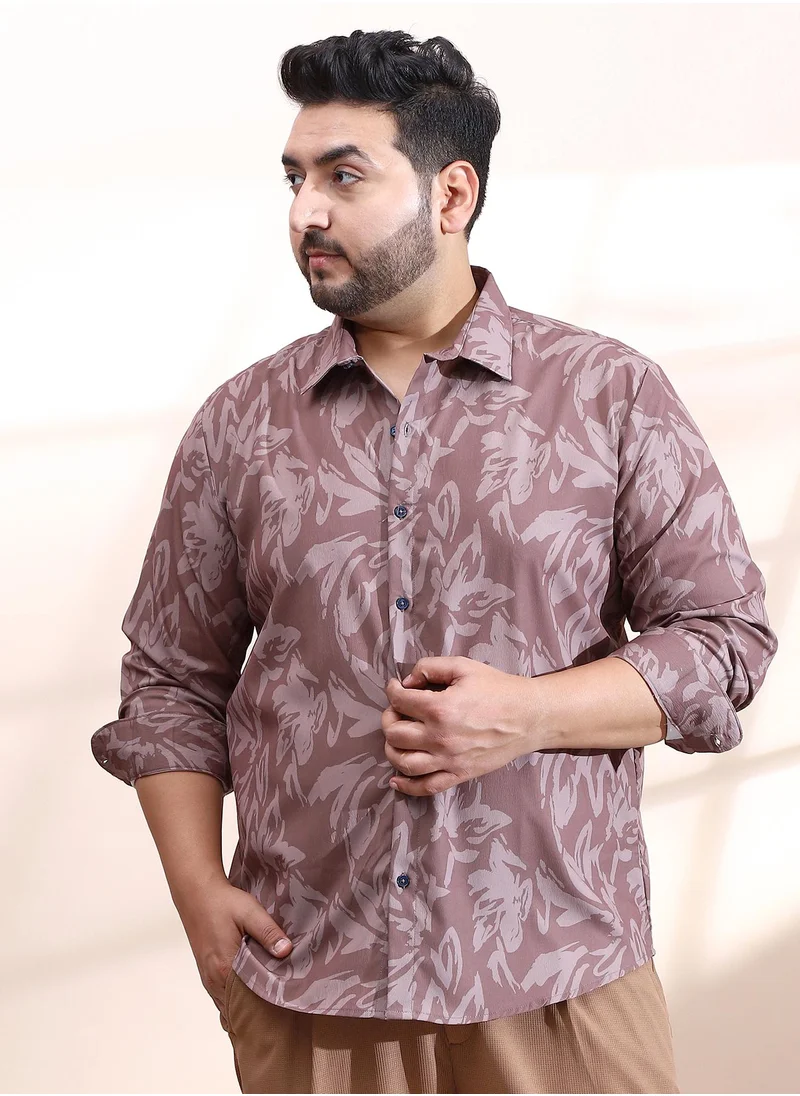 Instafab Plus Instafab Plus Men's Mocha Brown Florique Imprint Shirt For Casual Wear | Spread Collar | Long Cuffed Sleeves | Button Closure | Plus Size Shirt Crafted With Comfort Fit For Everyday Wear