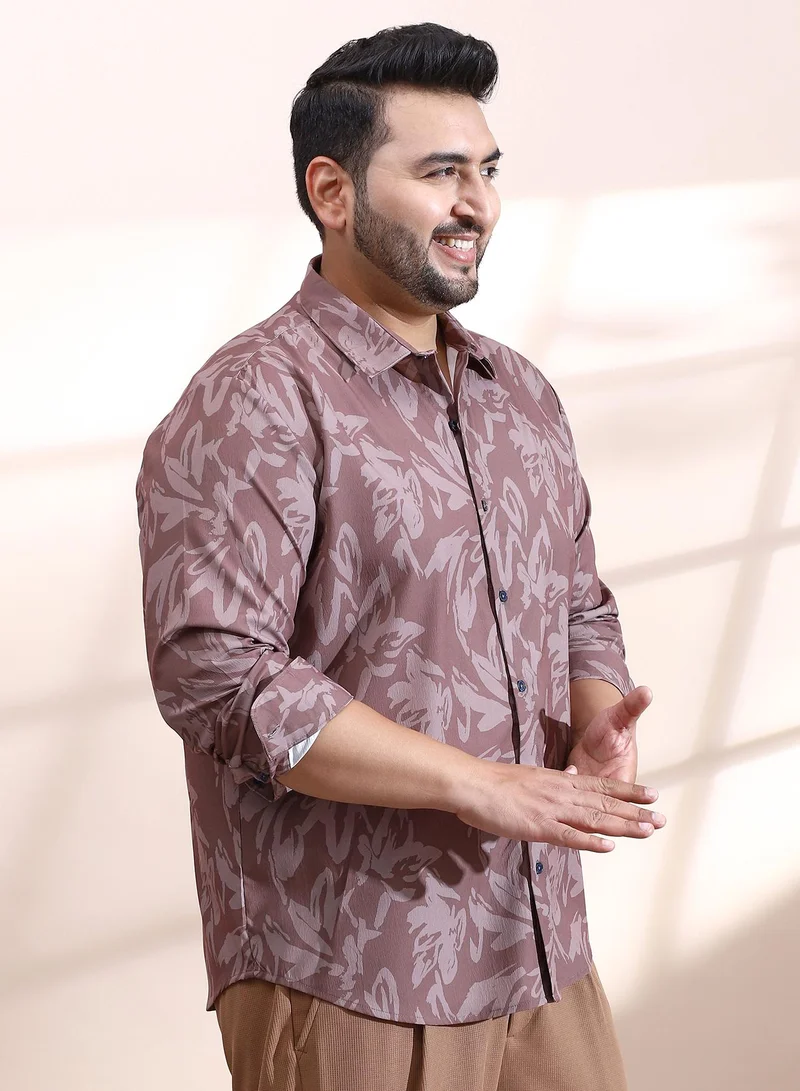 Instafab Plus Instafab Plus Men's Mocha Brown Florique Imprint Shirt For Casual Wear | Spread Collar | Long Cuffed Sleeves | Button Closure | Plus Size Shirt Crafted With Comfort Fit For Everyday Wear
