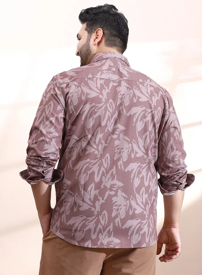 Instafab Plus Instafab Plus Men's Mocha Brown Florique Imprint Shirt For Casual Wear | Spread Collar | Long Cuffed Sleeves | Button Closure | Plus Size Shirt Crafted With Comfort Fit For Everyday Wear