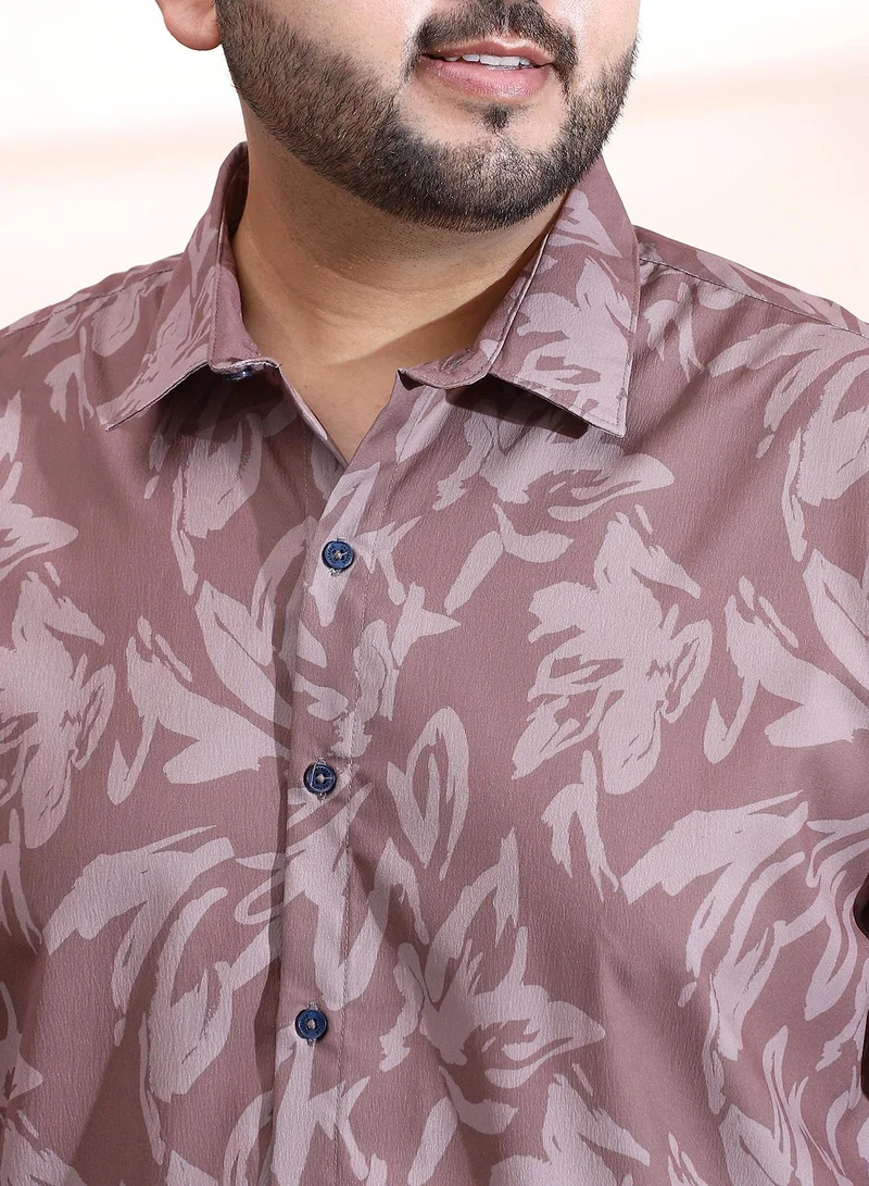 Instafab Plus Instafab Plus Men's Mocha Brown Florique Imprint Shirt For Casual Wear | Spread Collar | Long Cuffed Sleeves | Button Closure | Plus Size Shirt Crafted With Comfort Fit For Everyday Wear