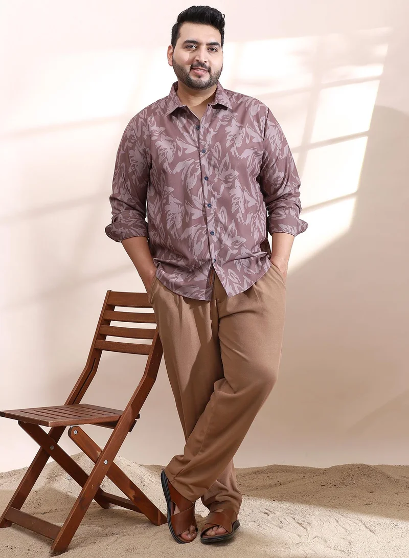 Instafab Plus Instafab Plus Men's Mocha Brown Florique Imprint Shirt For Casual Wear | Spread Collar | Long Cuffed Sleeves | Button Closure | Plus Size Shirt Crafted With Comfort Fit For Everyday Wear