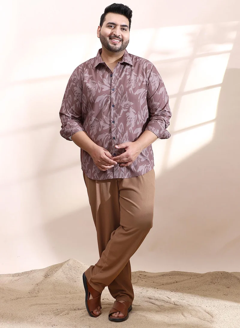 Instafab Plus Instafab Plus Men's Mocha Brown Florique Imprint Shirt For Casual Wear | Spread Collar | Long Cuffed Sleeves | Button Closure | Plus Size Shirt Crafted With Comfort Fit For Everyday Wear