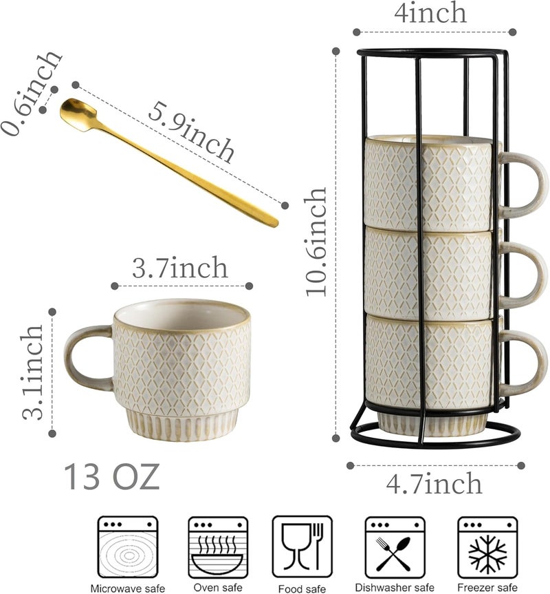LYEOBOH Stackable Coffee Mugs Coffee Cups Mug Set of 4 with Spoons  13 Oz Coffee Cup Set with Stand Ceramic Coffee Mug  Farmhouse Kitchen Beige - Image 2