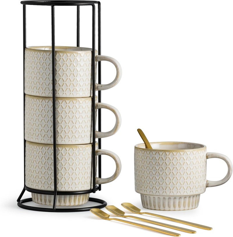 LYEOBOH Stackable Coffee Mugs Coffee Cups Mug Set of 4 with Spoons  13 Oz Coffee Cup Set with Stand Ceramic Coffee Mug  Farmhouse Kitchen Beige - Image 1