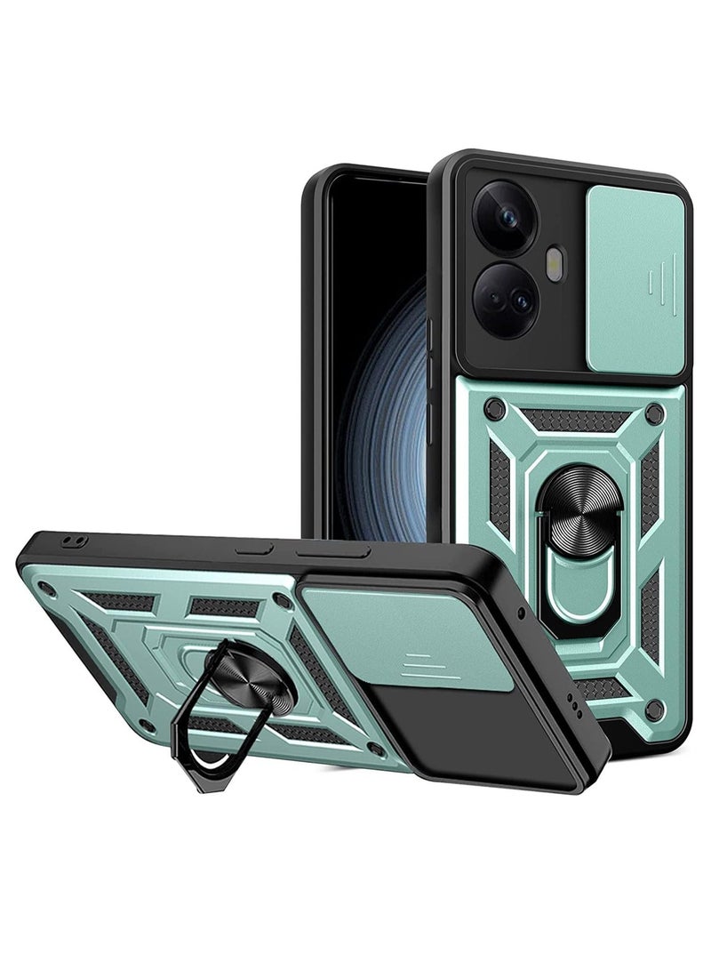 Arabest Case Compatiable with Realme 10 Pro Plus/10 Pro+ 5G with Slide Camera Cover, Military Grade Shockproof Protective Cover with Rotatable Metal Ring Kickstand (Green) 