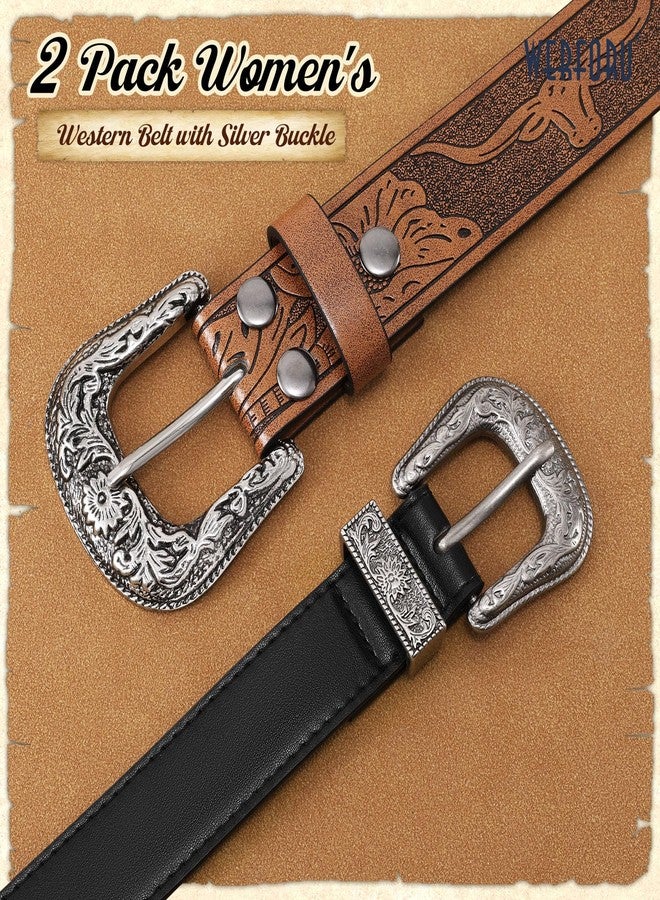 WERFORU 2 Pack Women Western Leather Belts for Jeans Western Belts with Big Buckle Country Belts for Cowgirls - Image 4
