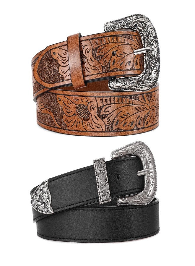 WERFORU 2 Pack Women Western Leather Belts for Jeans Western Belts with Big Buckle Country Belts for Cowgirls - Image 1