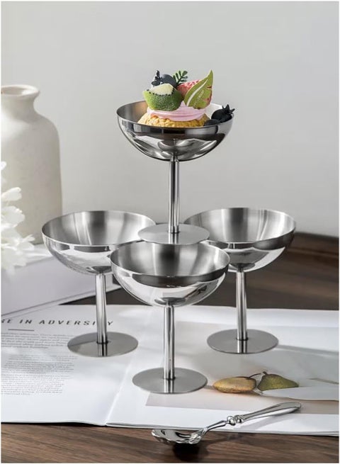 Pack of 4 Ice Cream Cups, Stainless Steel Dessert Bowl with Base, Resuable Mousse Cups for Serving Fruit, Salad, Pudding (Tall feet)