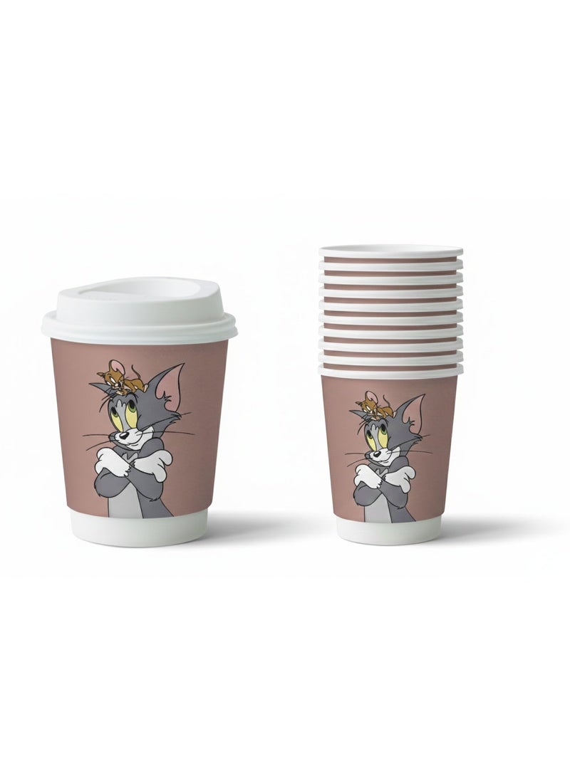 Tom & Jerry 8 Oz, Pack of 10, Paper Cup with Lid, Tom & Jerry Design