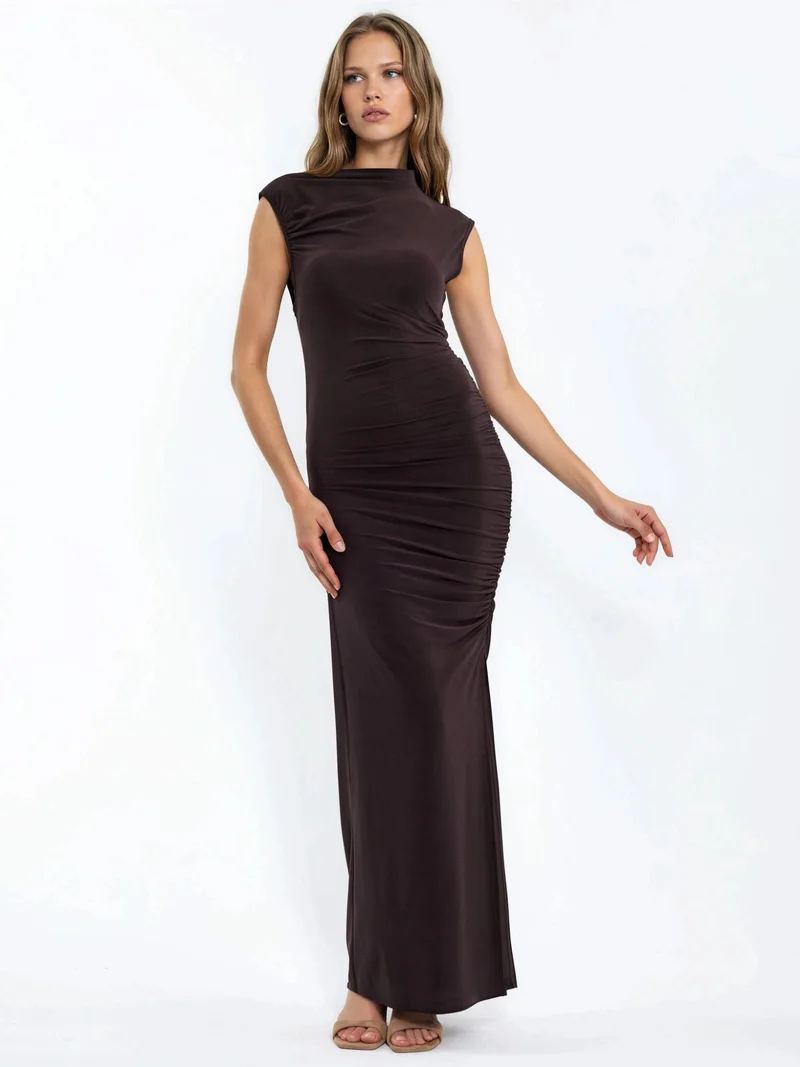 Hiccup Mocha Brown Slit Detailed Bodycon Sandy Maxi Dress for Women | Best Price UAE