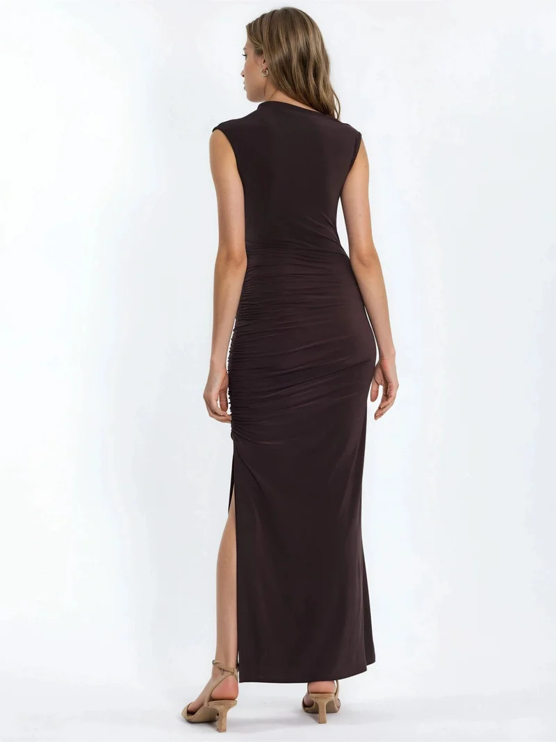 Hiccup Mocha Brown Slit Detailed Bodycon Sandy Maxi Dress for Women | Best Price UAE
