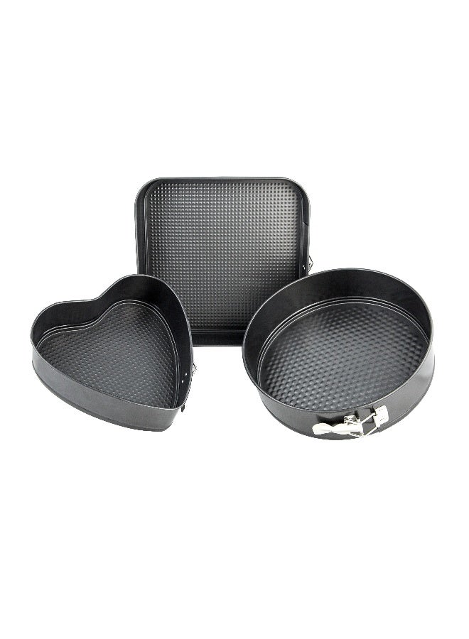 Royalford RF8783 3 Pcs Springform Cake Tins with Loose Base - Non-Stick Quick-Release Quality Bakeware Tins for Soft Sponge Cakes, Cheesecakes & Fruitcakes - Heart, Round & Square Shaped Tins - 0.4mm Thick Black - Image 1