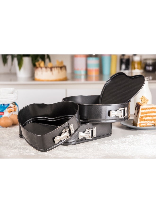 Royalford RF8783 3 Pcs Springform Cake Tins with Loose Base - Non-Stick Quick-Release Quality Bakeware Tins for Soft Sponge Cakes, Cheesecakes & Fruitcakes - Heart, Round & Square Shaped Tins - 0.4mm Thick Black - Image 2