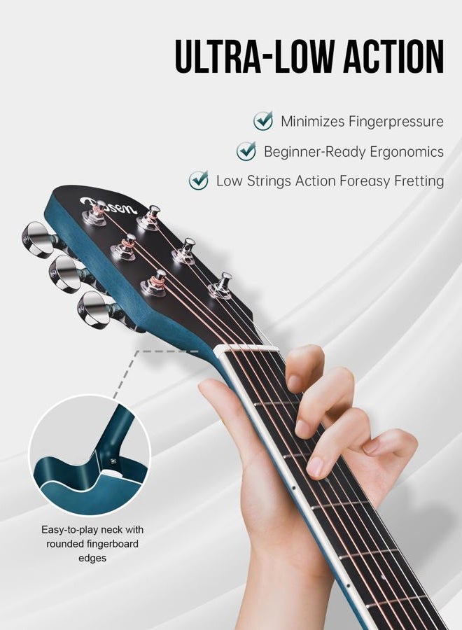 ROSEN Solid Top Dreadnought Acoustic Guitar 41 Inches Spruce Guitar Beginner Bundle with Book, Padded Bag, Strings, Picks, Hexwrench, Strap, Polishing Cloth, Blue - Image 5