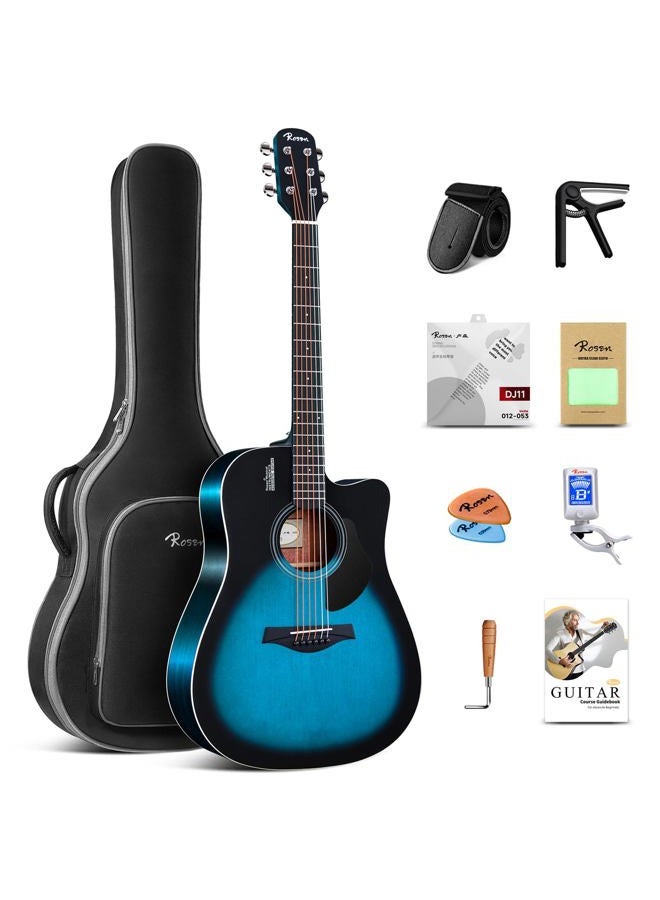 ROSEN Solid Top Dreadnought Acoustic Guitar 41 Inches Spruce Guitar Beginner Bundle with Book, Padded Bag, Strings, Picks, Hexwrench, Strap, Polishing Cloth, Blue - Image 1