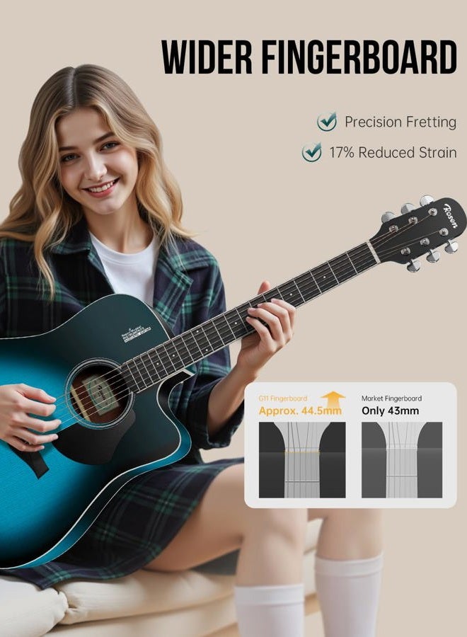 ROSEN Solid Top Dreadnought Acoustic Guitar 41 Inches Spruce Guitar Beginner Bundle with Book, Padded Bag, Strings, Picks, Hexwrench, Strap, Polishing Cloth, Blue - Image 4