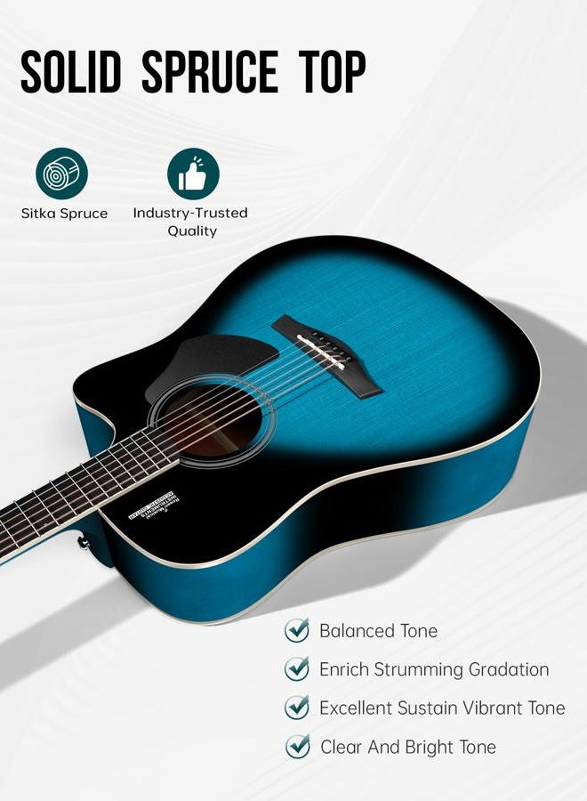 ROSEN Solid Top Dreadnought Acoustic Guitar 41 Inches Spruce Guitar Beginner Bundle with Book, Padded Bag, Strings, Picks, Hexwrench, Strap, Polishing Cloth, Blue - Image 2