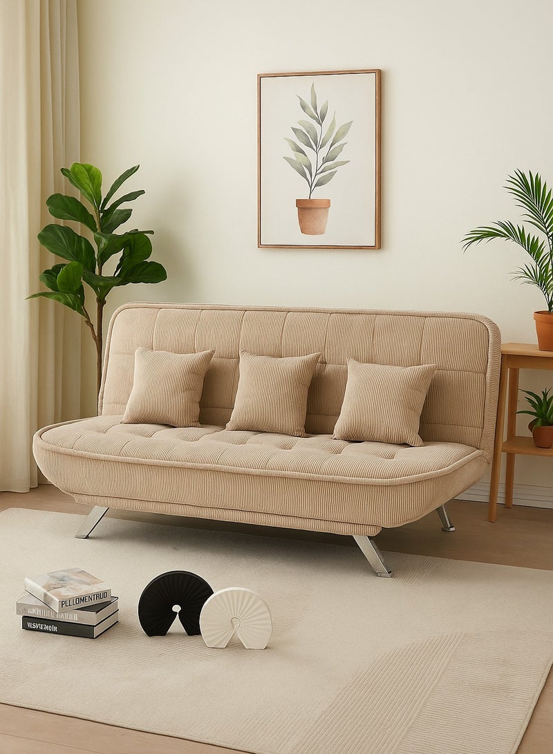 Harmony Home Premium Fabric Sofa  Bed with 3 Soft Cushions – Modern Convertible Sleeper Couch with Metal Legs, Space-Saving 3-Seater Sofa for Living Room, Bedroom & Guest Room - Light Brown - Image 1