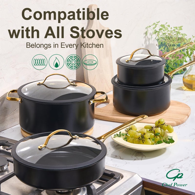 Chef Power Ceramic Cookware Sets, 10Pcs Pots and Pans Set Non Stick, Cookware Set with Stainless Steel Handle, Dishwasher & Oven Safe, Stone Black and Light Gold Handle - Image 5