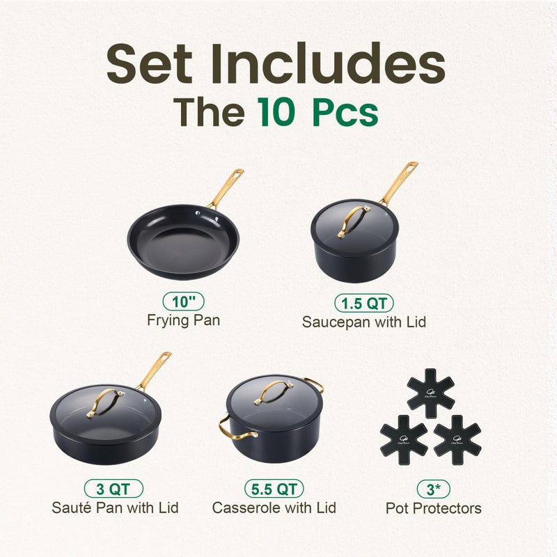 Chef Power Ceramic Cookware Sets, 10Pcs Pots and Pans Set Non Stick, Cookware Set with Stainless Steel Handle, Dishwasher & Oven Safe, Stone Black and Light Gold Handle - Image 2