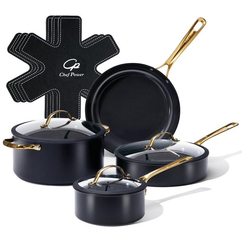 Chef Power Ceramic Cookware Sets, 10Pcs Pots and Pans Set Non Stick, Cookware Set with Stainless Steel Handle, Dishwasher & Oven Safe, Stone Black and Light Gold Handle - Image 1