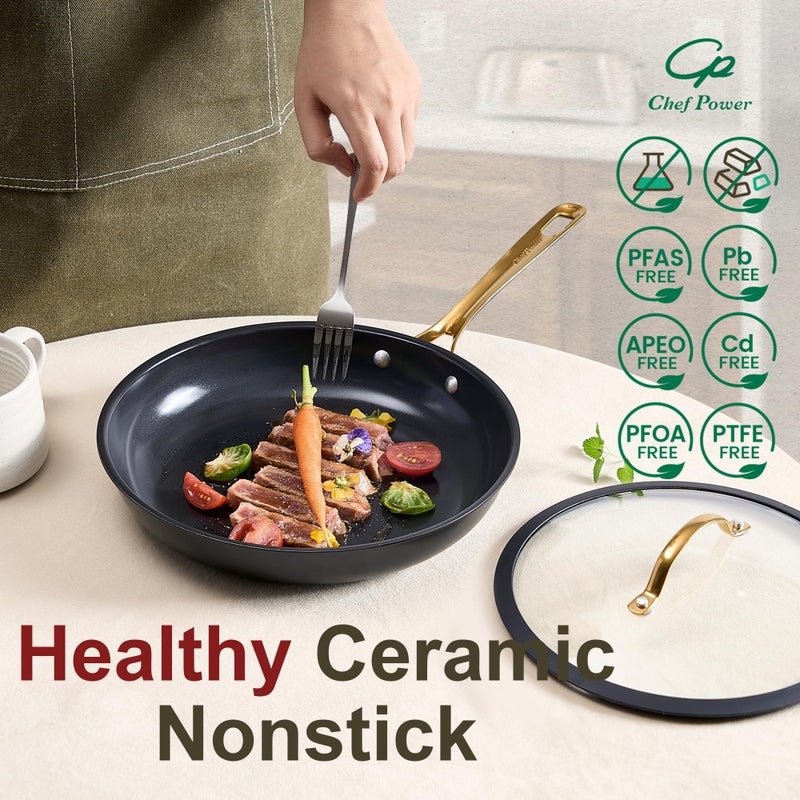 Chef Power Ceramic Cookware Sets, 10Pcs Pots and Pans Set Non Stick, Cookware Set with Stainless Steel Handle, Dishwasher & Oven Safe, Stone Black and Light Gold Handle - Image 3