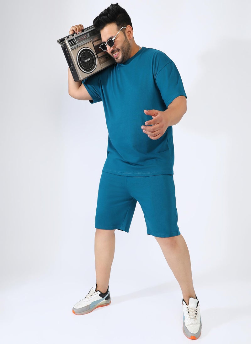 Instafab Plus Men's Teal Blue Solid Co-Ord Set - Image 1