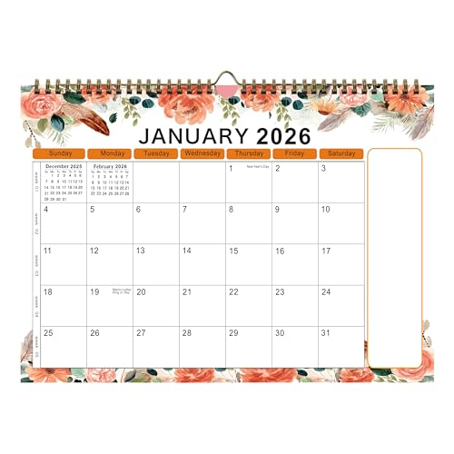 lucilynx Wall Calendar 2026, 12 Months Wall Calendar Jan. to Dec. 2026 Calendar with Julian Dates, 12" X 8.5",Twin-Wire Binding, Hanging Hook, Large Blocks,Flower - Image 1