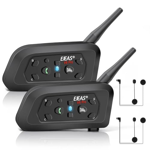 EJEAS Motorcycle Helmet Bluetooth Headset V6 Pro, 2-Way 1200M Motorbike Intercom Communication System for Ski/ATV/Dirt Motorbike/Off Road for Full-face Flip-up Helmets (2 Pack) - Image 1