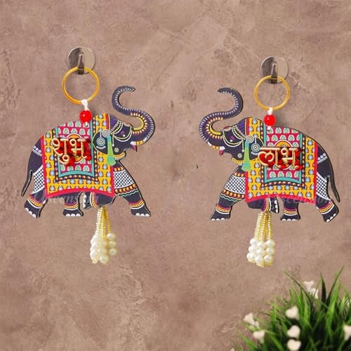 Ascension 1 Pair of Shubh Labh Elephant Wooden Door Side Hanging Enterance Door Decoration Gate Showpiece Hanging Door Hangings for Home mandir Navratri Diwali Decor (Design 1) - Image 1