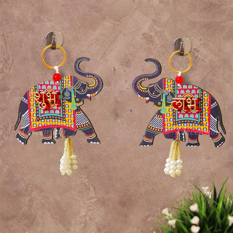 Ascension 1 Pair of Shubh Labh Elephant Wooden Door Side Hanging Enterance Door Decoration Gate Showpiece Hanging Door Hangings for Home mandir Navratri Diwali Decor (Design 1) - Image 5