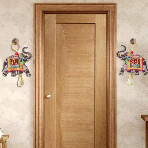 Ascension 1 Pair of Shubh Labh Elephant Wooden Door Side Hanging Enterance Door Decoration Gate Showpiece Hanging Door Hangings for Home mandir Navratri Diwali Decor (Design 1) - Image 2