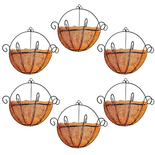 Shoplala Wall Planters Outdoor Plants (10 Inch, 6 Pack) Balcony Planters Railing Hanging Fence Planter Over Railing with Coco Liner, Wall Mounted Flower Basket Black Metal Wire Deck Porch Patio Garden - Image 1