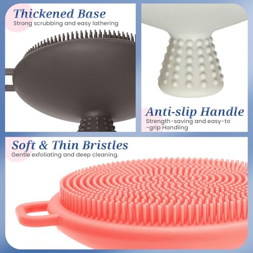 GEENOA Silicone Face & Back Scrubber Set, Manual Face & Body Scrubber Exfoliator with Soft Bristles and Non-Slip Handle, Back Brush Bath Brush with 2 Detachable Brush Heads(3PCS Pink Set) - Image 5