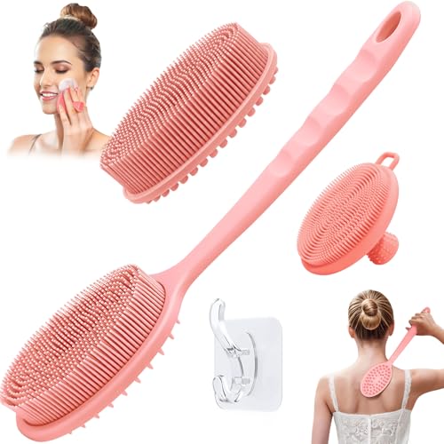 GEENOA Silicone Face & Back Scrubber Set, Manual Face & Body Scrubber Exfoliator with Soft Bristles and Non-Slip Handle, Back Brush Bath Brush with 2 Detachable Brush Heads(3PCS Pink Set) - Image 1
