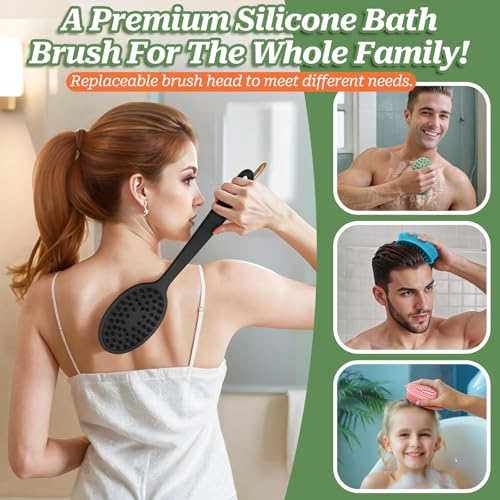 GEENOA Silicone Face & Back Scrubber Set, Manual Face & Body Scrubber Exfoliator with Soft Bristles and Non-Slip Handle, Back Brush Bath Brush with 2 Detachable Brush Heads(3PCS Pink Set) - Image 4