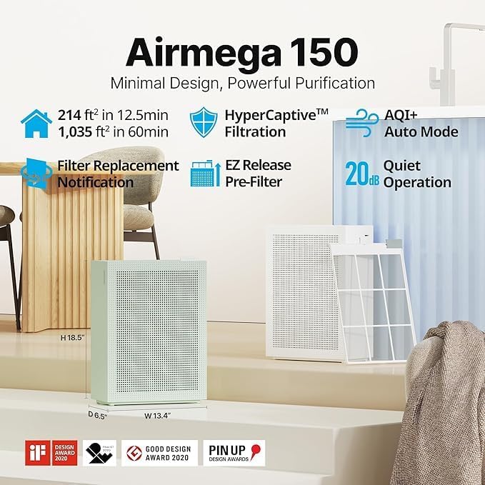 كواي مرشح الهواء COWAY Airmega 150 | يزيل 99.999% من الجسيمات بحجم يصل إلى 0.01 ميكرومتر، الفيروسات والهباء الجوي | معتمد من قبل ECARF لمن يعانون من الحساسية | يناسب الغرف بمساحة تصل إلى 73 مترًا مربعًا | معدل توصيل الهواء النقي (CADR) 281 مترًا مكعبًا في الساعة - Image 5