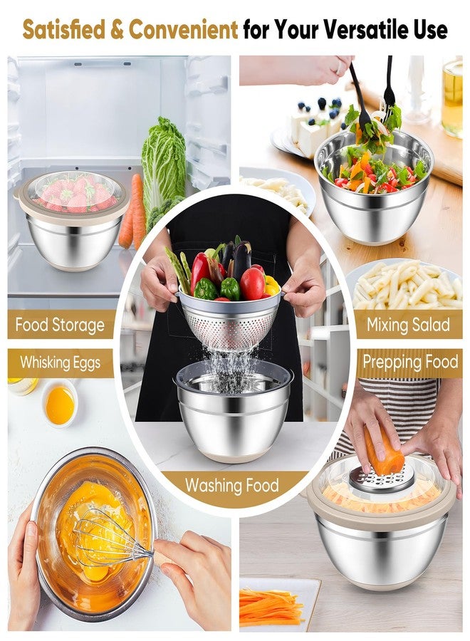P&P CHEF مجموعة أوعية خلط مع أغطية من P&P CHEF، مكونة من 3 قطع، وعاء خلط من الفولاذ المقاوم للصدأ ومصفاة للمطبخ، 3 ملحقات مبشرة وقواعد مانعة للانزلاق، غطاء مرئي ومحكم الإغلاق، لون كاكي - Image 5