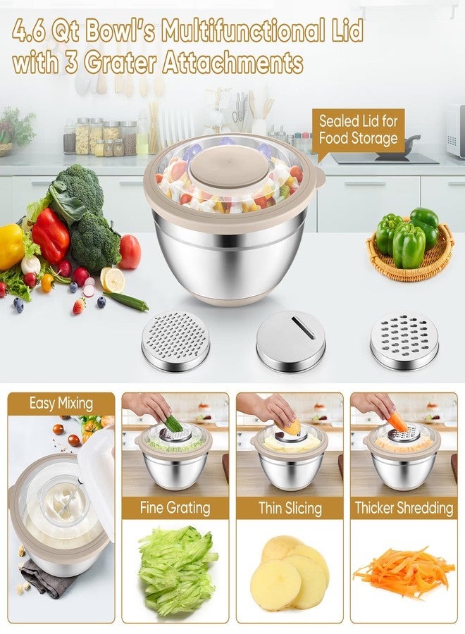 P&P CHEF مجموعة أوعية خلط مع أغطية من P&P CHEF، مكونة من 3 قطع، وعاء خلط من الفولاذ المقاوم للصدأ ومصفاة للمطبخ، 3 ملحقات مبشرة وقواعد مانعة للانزلاق، غطاء مرئي ومحكم الإغلاق، لون كاكي - Image 3