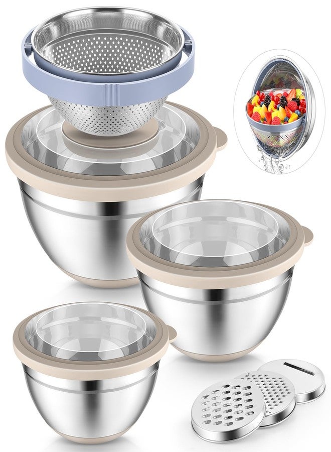 P&P CHEF مجموعة أوعية خلط مع أغطية من P&P CHEF، مكونة من 3 قطع، وعاء خلط من الفولاذ المقاوم للصدأ ومصفاة للمطبخ، 3 ملحقات مبشرة وقواعد مانعة للانزلاق، غطاء مرئي ومحكم الإغلاق، لون كاكي - Image 1