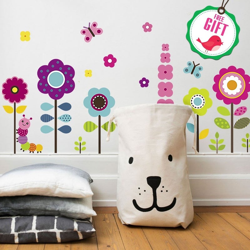 DesignStickers Flower Wall Stickers for Kids - Floral Garden Wall Decals for Girls Room - Removable Toddlers Bedroom Vinyl Nursery Wall Décor [27 Art clings] with Free Bird Gift! - Image 1