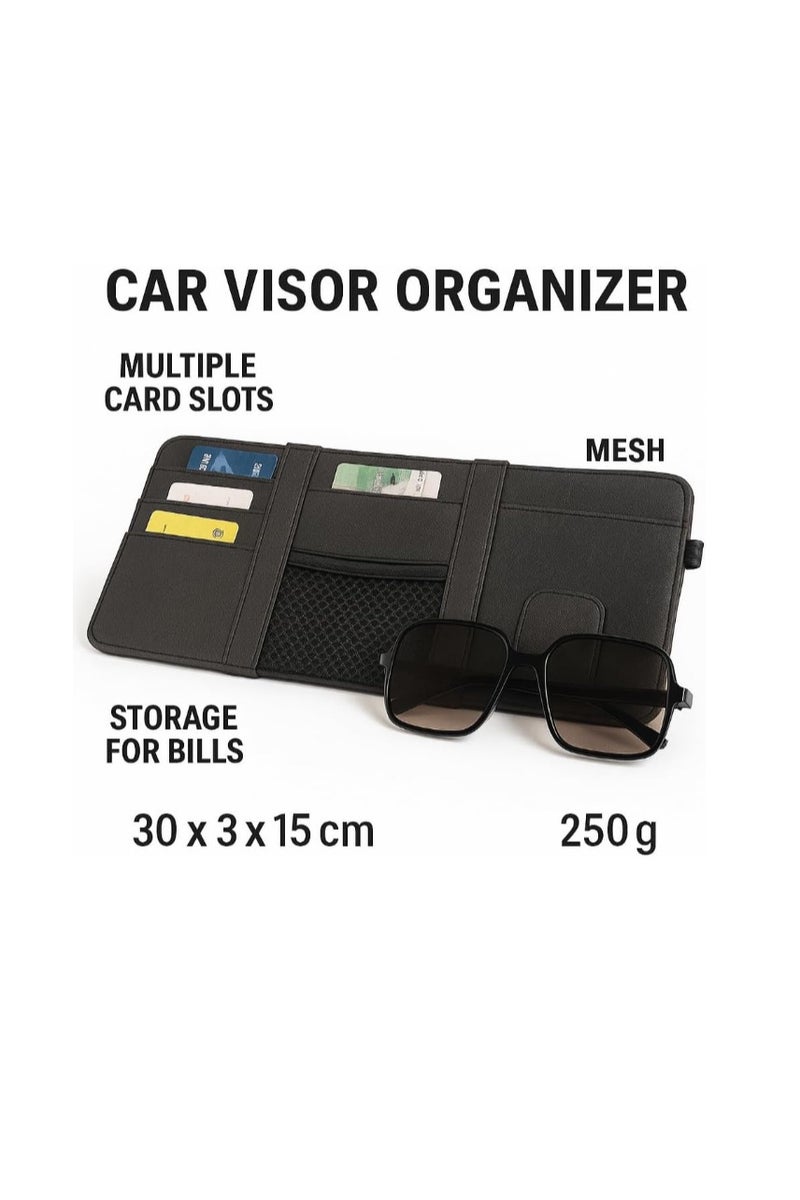 منظم واقي الشمس من الجلد للسيارة - مساحة تخزين واقي الشمس من الجلد الصناعي مع فتحات للبطاقات، وجيب شبكي، ومشبك مغناطيسي للنظارات الشمسية، وحامل أقلام - مناسب لجميع أنواع السيارات وسيارات الدفع الرباعي (بني غامق) - Image 4