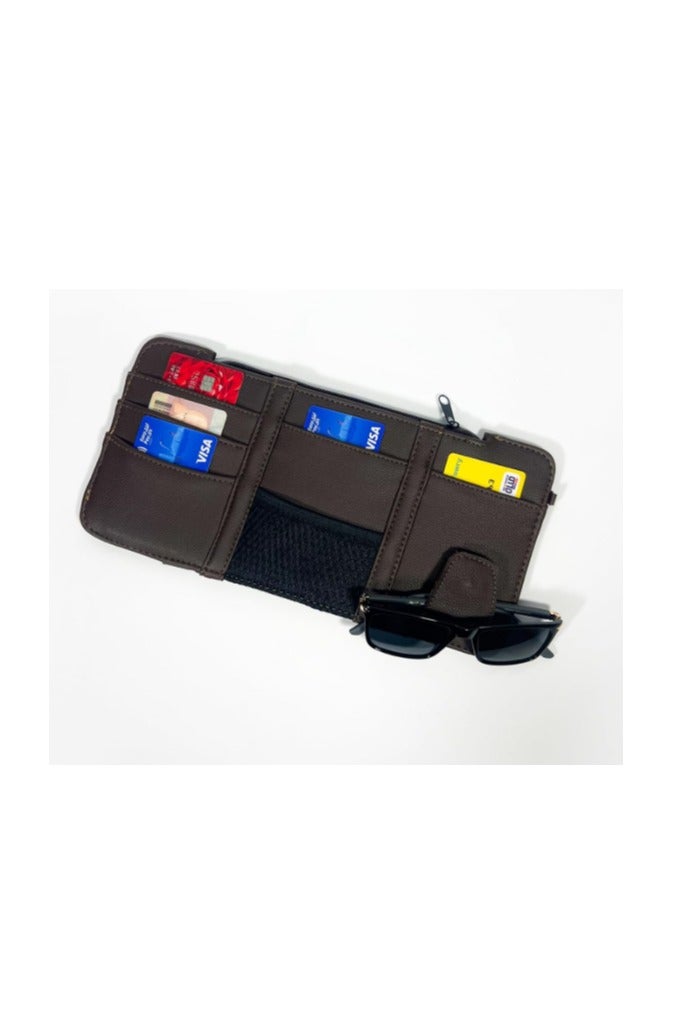 منظم واقي الشمس من الجلد للسيارة - مساحة تخزين واقي الشمس من الجلد الصناعي مع فتحات للبطاقات، وجيب شبكي، ومشبك مغناطيسي للنظارات الشمسية، وحامل أقلام - مناسب لجميع أنواع السيارات وسيارات الدفع الرباعي (بني غامق) - Image 1