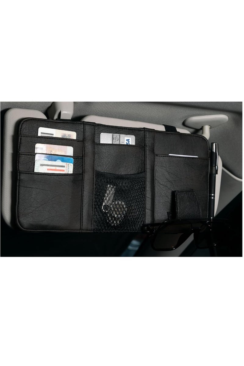 منظم واقي الشمس من الجلد للسيارة - مساحة تخزين واقي الشمس من الجلد الصناعي مع فتحات للبطاقات، وجيب شبكي، ومشبك مغناطيسي للنظارات الشمسية، وحامل أقلام - مناسب لجميع أنواع السيارات وسيارات الدفع الرباعي (بني غامق) - Image 3