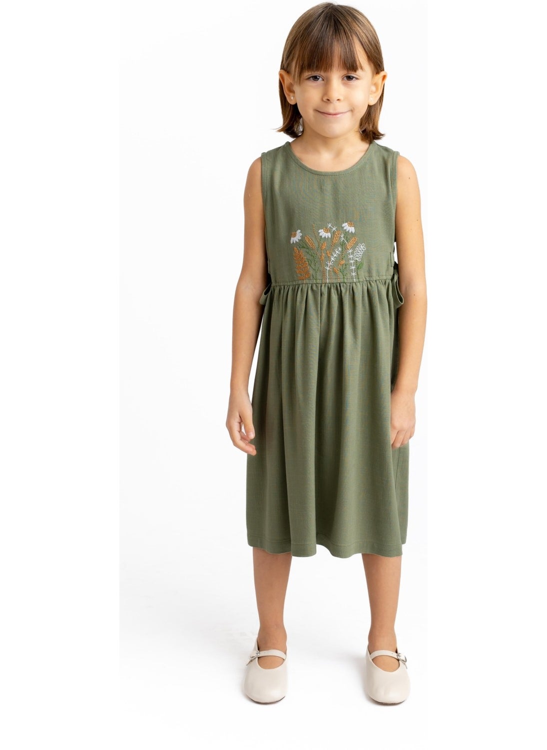 Oliven The Kid - Embroidered Front Side Tie Linen Dress Khaki - Image 1
