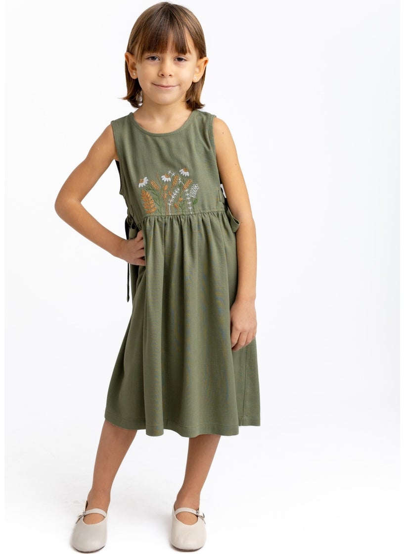 Oliven The Kid - Embroidered Front Side Tie Linen Dress Khaki - Image 1
