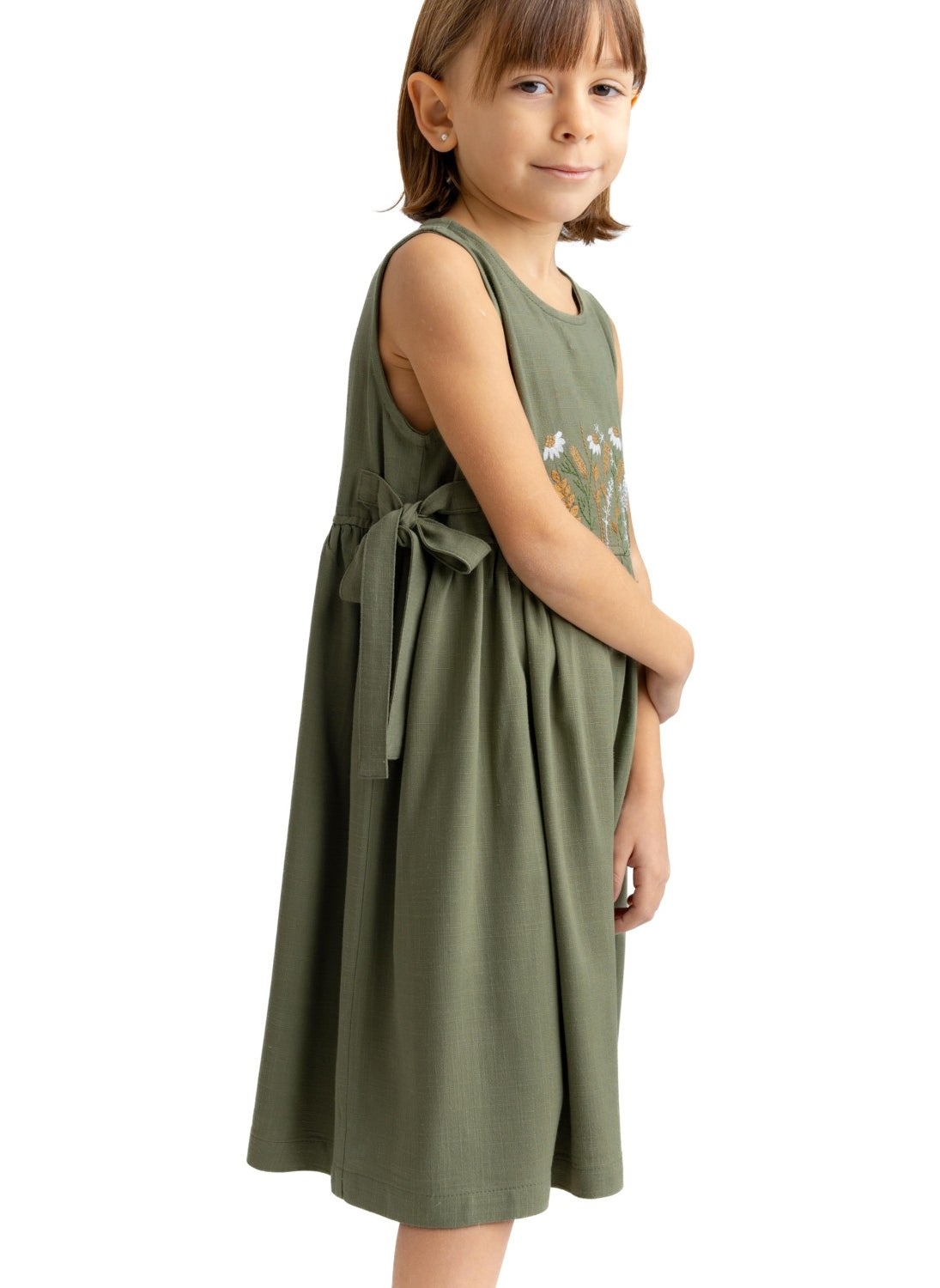 Oliven The Kid - Embroidered Front Side Tie Linen Dress Khaki - Image 1