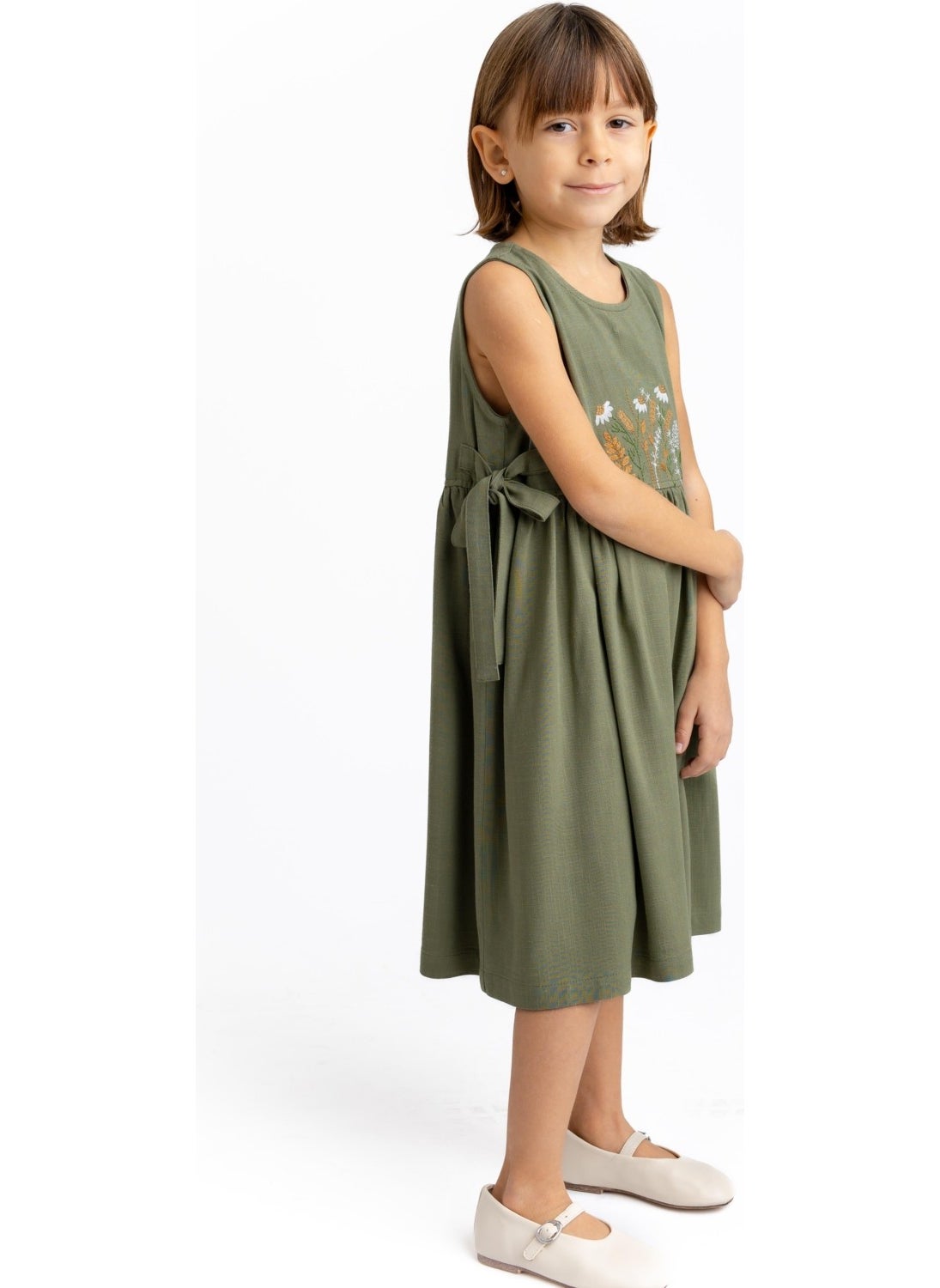 Oliven The Kid - Embroidered Front Side Tie Linen Dress Khaki - Image 1